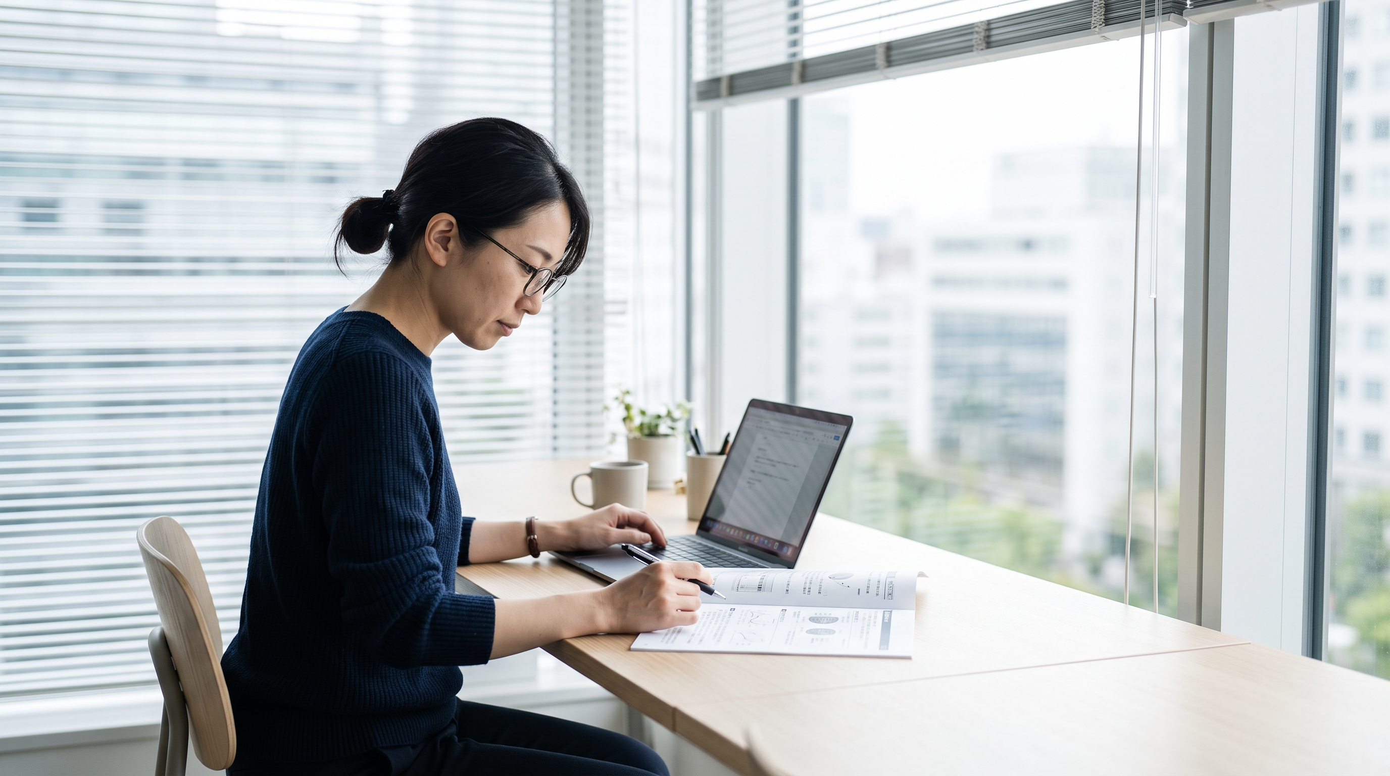 資料とノートパソコンに向き合って書く人